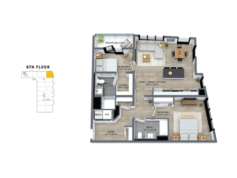 Floor plan for 2 beds, 2 baths, 1110 sqft
